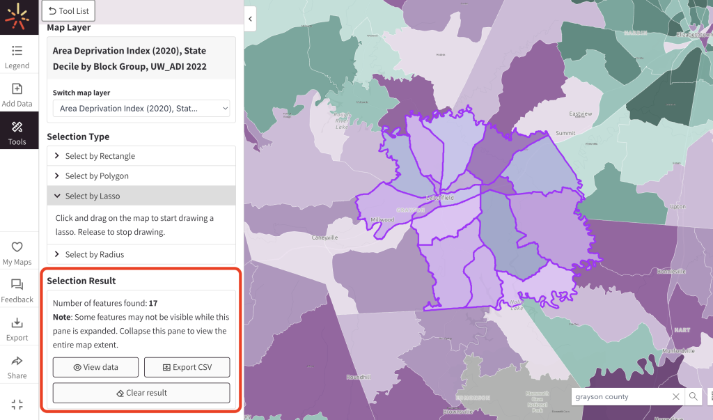 After selecting locations using the select data tool, a selection result section appears in the left menu. 